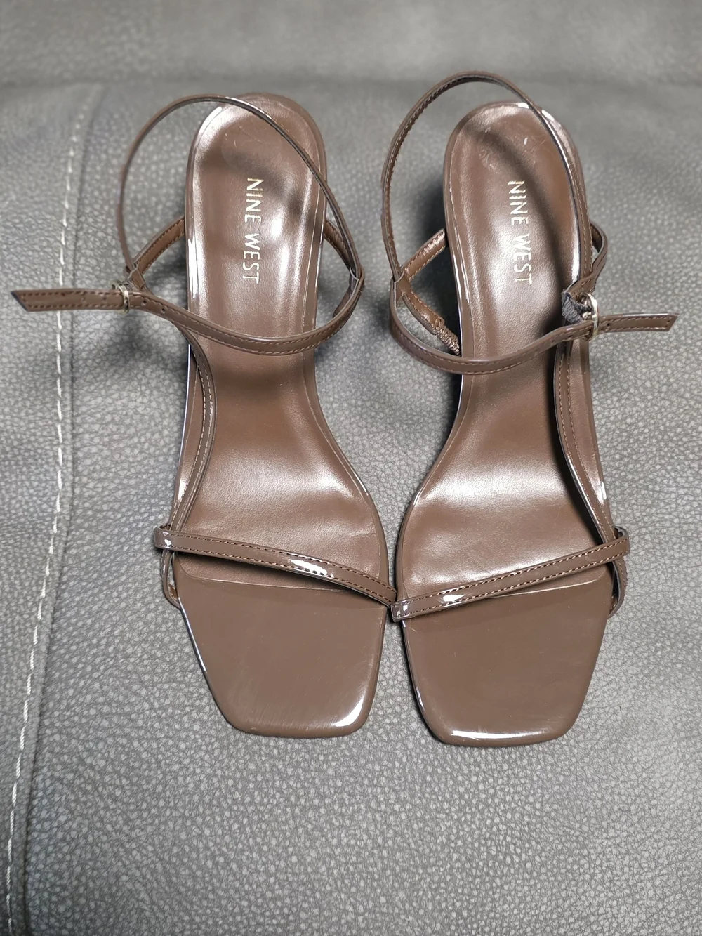 Nine West Patent Tan Strappy Square-Toe Heels